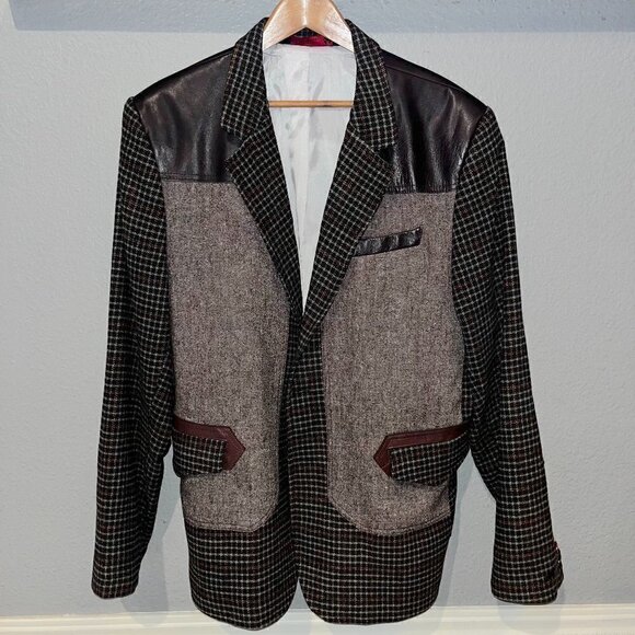 RON TOMSON RNT 23 JEANS Mixed Media ArTsy Blazer Plaid & Tweed Wool & Leather 50 - Picture 1 of 16